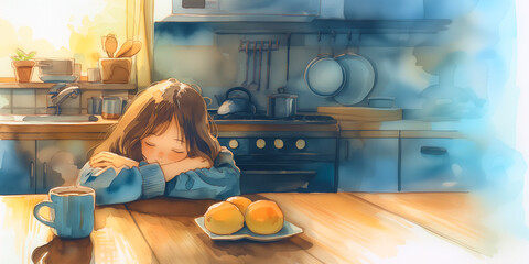 朝、寝起きにスープを飲む少女。水彩画。イラスト。