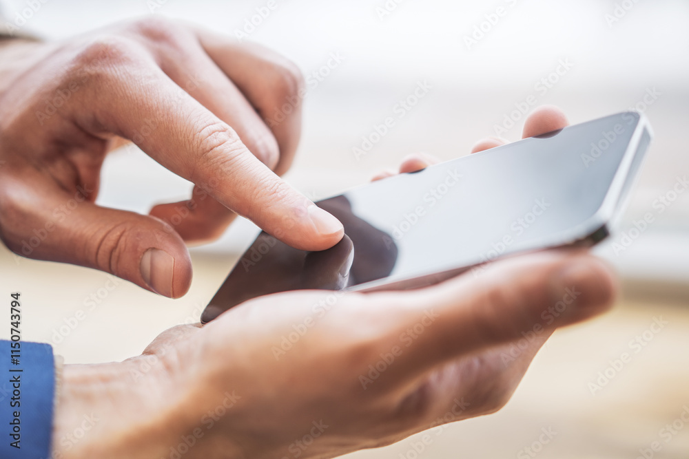 Poster Focused image of a man navigating his high-tech smartphone of a busy office setting