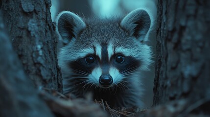 Obraz premium Cute raccoon standing in the forest surrounded by leaves during early evening hours