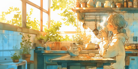 朝、寝起きにスープを飲む少女。水彩画。イラスト。