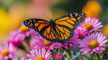 Fototapeta premium Monarch butterfly resting on colorful flowers in a vibrant garden during springtime