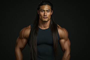 Fototapeta premium A muscular man with long hair poses confidently against a dark background.