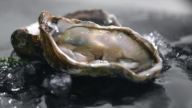 Oysters on ice close up over black background, open french oysters. Healthy sea food. Fresh Oyster dinner in restaurant. Gourmet food, delicatessen. 