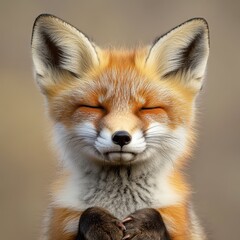 Fototapeta premium Adorable red fox cub with closed eyes and paws together in a meditative gesture.