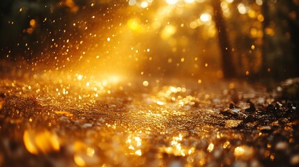 Naklejka premium Golden Sunlight Illuminates Forest Floor With Water Droplets