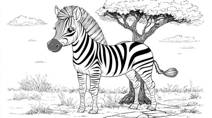 Cartoon Zebra Resting Under Tree - Children's Coloring Book Page