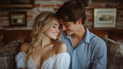 Naklejka premium Cozy moment shared between a couple in a rustic setting during evening hours