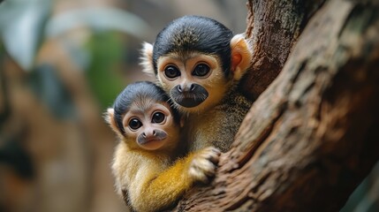 Obraz premium Playful monkeys clinging to tree branch in lush environment during daylight