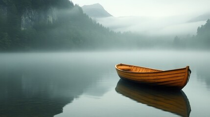 Fototapeta premium Misty lake in autumn with a solitary yellow boat floating quietly at dawn