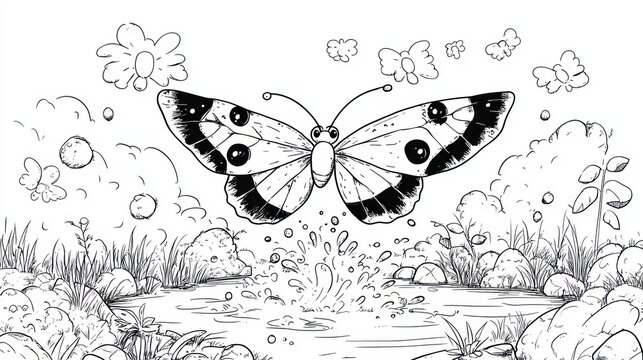 Cartoon Butterfly Splashing in Pond - Coloring Book Page for Kids