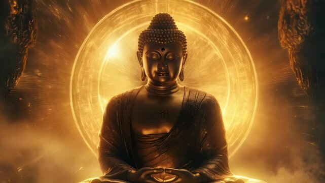 A golden Buddha in lotus position radiates glowing light rays.  Behind the Buddha is a golden arch and a cinematic background