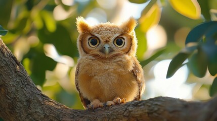 Curious owl perched on a branch in a lush forest during daytime