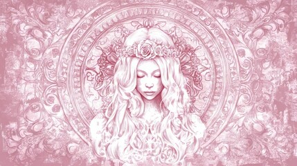 In this 3D watercolor digital illustration, a beautiful girl wearing a fantasy crown stands out against an ornamental, Oriental-style setting. The pastel background showcases a vintage bas-relief of