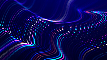 Lights background. Colored music wave. Big data digital code. Futuristic dots Illustration. 3D