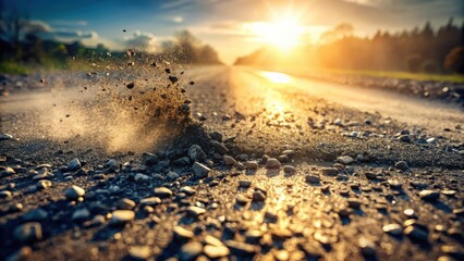 A golden sunset casts a warm glow on a gravel road, as dust and stones are kicked up by passing traffic, creating a sense of motion and the passage of time.