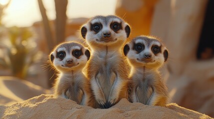 Fototapeta premium Three playful meerkats interacting in a sunny desert setting with rocky terrain