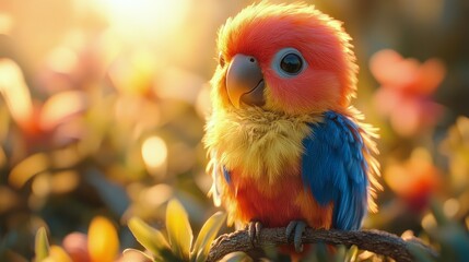Colorful parrot perched on branch during golden hour in a vibrant garden