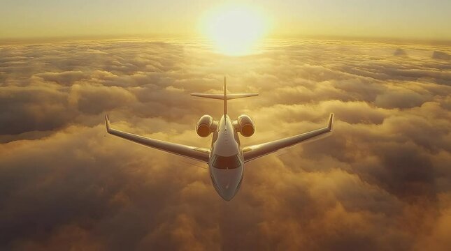 Luxury private jet flying above evening clouds under a golden sunset sky  
Seamless looping 4k time-lapse virtual video animation Generated AI