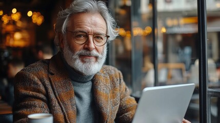 Fototapeta premium Elderly man working on laptop in a cozy cafe during winter afternoon