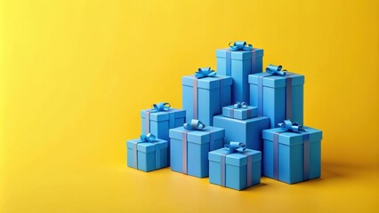 Naklejka premium A festive arrangement of blue gift boxes with vibrant ribbons on a cheerful yellow background.