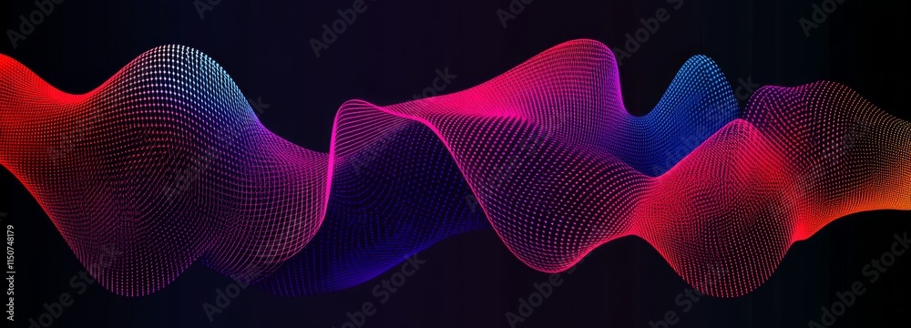 Poster in a 3d render, abstract colorful digital particles wave in a line wave light glow against a bokeh a