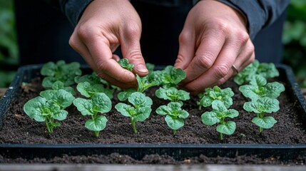 Gardener nurturing young lettuce plants in a greenhouse during early spring season