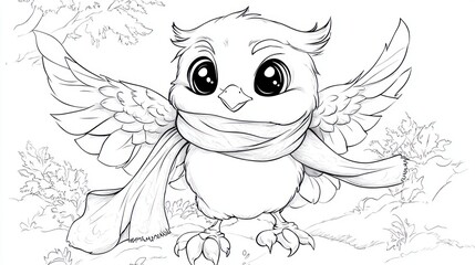 Obraz premium Cute Cartoon Owl with Scarf - Children's Coloring Book Page