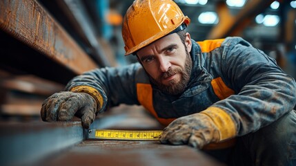 Worker inspecting rusted steel beam at construction site in daylight near urban area