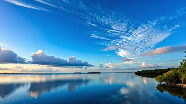 Blue sky overhead complements tranquil water environment.