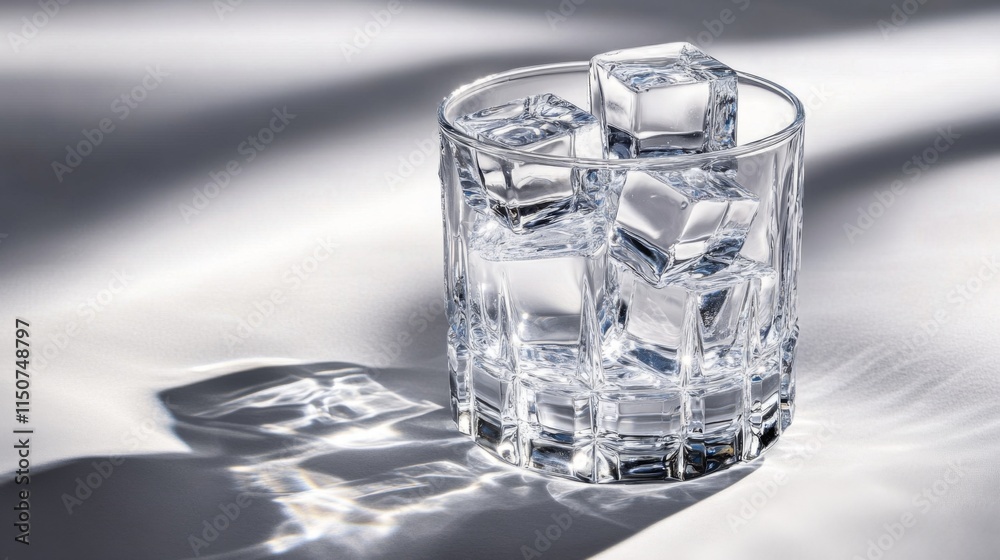 Aufkleber Crystal Clear Glass with Ice Cubes on White Surface and Shadows