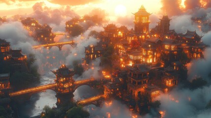 Fototapeta premium A mystical cityscape at sunset, enveloped in clouds and illuminated buildings.