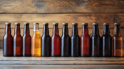 Craft beer collection displayed on rustic wooden shelf in warm lighting