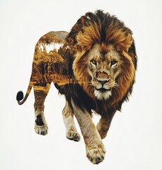 Obraz premium A lion portrait beautifully integrated with the African savanna using double exposure photography. Stock