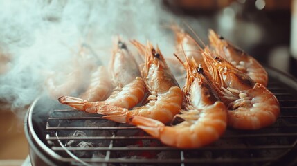 Fresh Shrimp on Grill with Smoke Rising in a Cozy Kitchen Setting