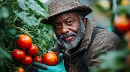 Gardening expert cultivates ripe tomatoes in a greenhouse environment