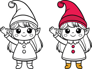 Kawaii Character of Girl weaving cheerfully wearing christmas cap