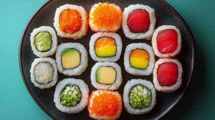 Delicious assortment of colorful sushi rolls served on a tray in a Japanese restaurant