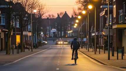 Cyclist rides street, sunset, town, streetlights.