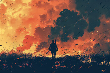 Obraz premium Group of soldiers are on a hillside, with a large explosion in the background. Scene is intense and dramatic, as the soldiers are in the midst of a battle