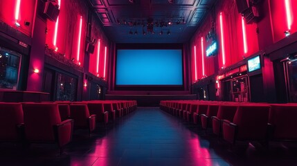 Obraz premium Vibrant interior of a modern cinematic venue with neon lighting and empty seats