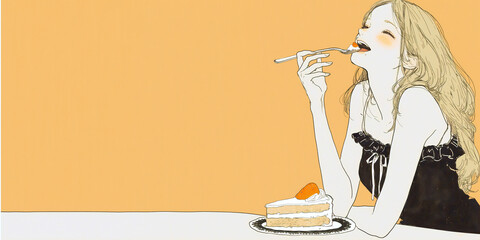 幸せそうにケーキを食べる少女。水彩画。イラスト。