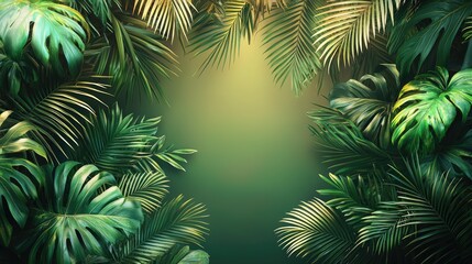 Lush tropical foliage framing a serene, illuminated background.