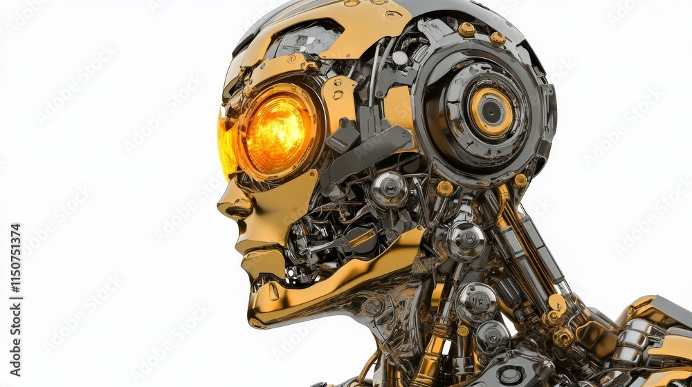 Poster a 3d image of an ai robot head with a view of the internal digital brain engine, presented on a whit