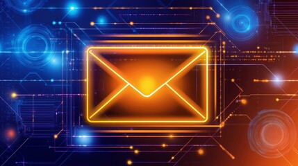 Set against a cybernetic backdrop, a luminous email icon shines in a futuristic digital space decorated with lines of light.