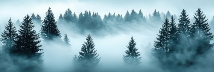 Obraz premium Misty forest landscape with tall trees and fog creating a serene atmosphere.