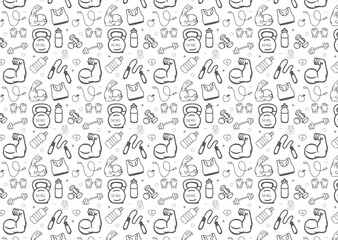 Seamless workout sport pattern. Fitness and gym icons pattern background.  healthy and fitness lifestyle pattern.