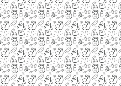 Seamless workout sport pattern. Fitness and gym icons pattern background.  healthy and fitness lifestyle pattern.
