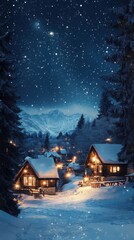 A cozy winter scene of snow-covered cottages lit by warm golden lights, with soft snowflakes falling. A celebration of seasonal joy and connection. HD phone wallpaper.