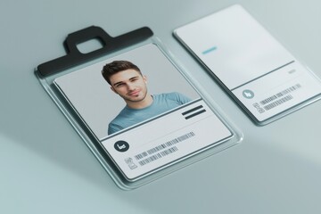 Realistic ID card mockup with a blank photo and name identifier template. - obrazy, fototapety, plakaty