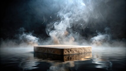 A rustic stone platform emerges from a misty lake, bathed in the soft glow of an unseen light source.